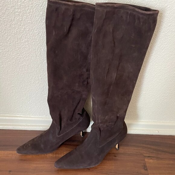 Manolo Blahnik Brown Suede Knee-High Heeled Boots - Picture 1 of 13